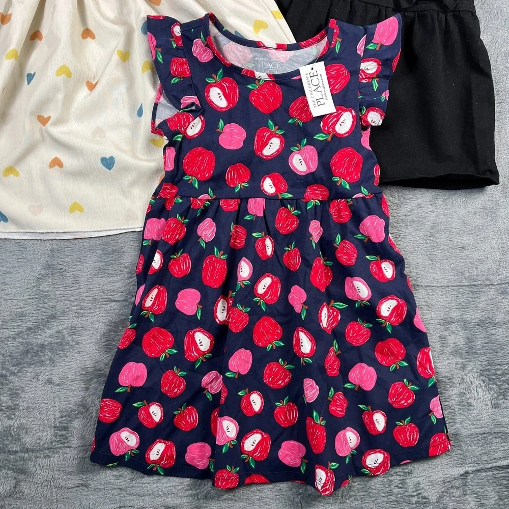Childrens Place Shein Girls Dress Lot 3 5T Apple Heart Flutter Sleeve Ribbed